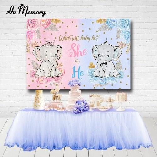 InMemory Gender Reveal Party Backdrops Flowers Elephant Pink Blue Twins Baby Shower Birthday Party Photography Background Custom