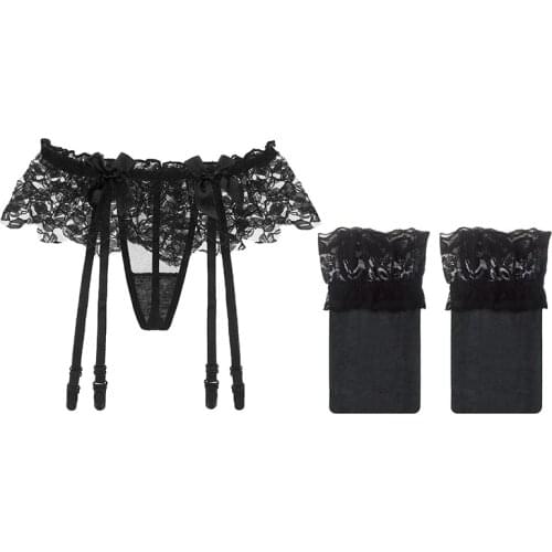 Linbaiway Sexy Lace Garter for Women Stocking Transparent Lace Garter Belt Suspender Garter Set G String Female Underwear