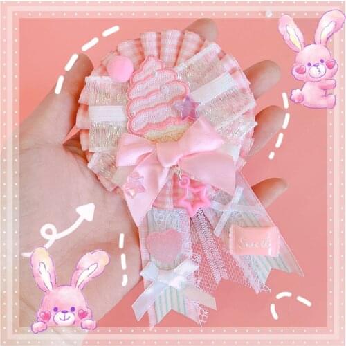 Lolita Ice cream Embroidery Badge Button Brooch Pins Cute Ribbon Collect Handmade Bowknot Dual-Use Hair Clip Clothes Decor Gifts
