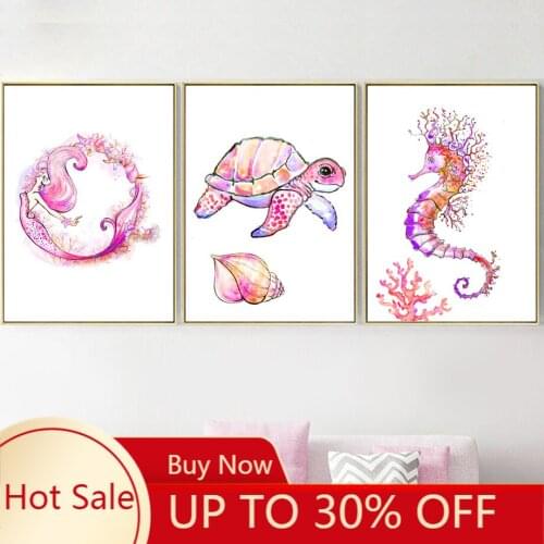 Wall Art Anime Home Decor Canvas Painting Seahorse Turtle Mermaid Nordic Style Poster Modular Picture For Home Decor