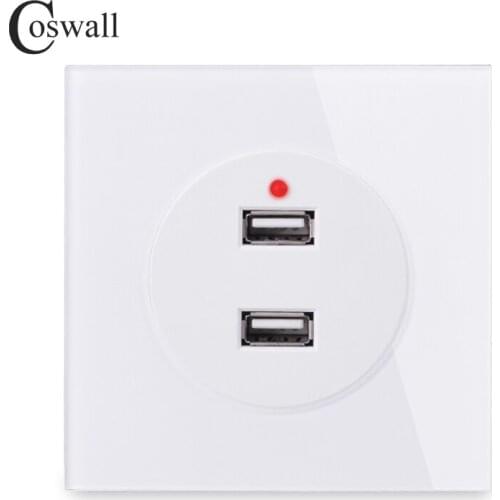 Coswall Crystal Glass Panel Wall Outlet Dual USB Charging Port 2.4A Output LED Indicator R11 Series Black White