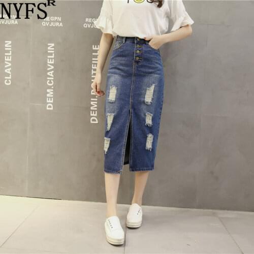 NYFS 2021New Spring Summer Autumn fashion Woman Long Denim Skirt Vintage maxi hole Jeans Pencil Skirts