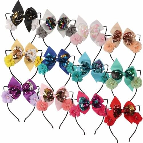 12PCS/lot , Sequined bow chiffon flower hair hoop cat ear headband fashion girl DIY hair accessories