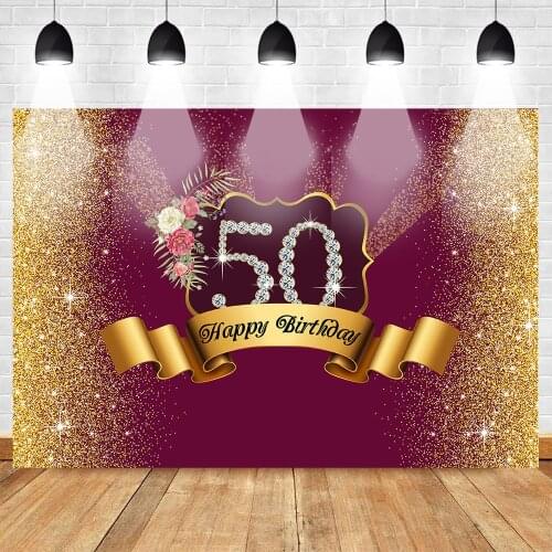 Celebration 50th Birthday Photo Background for Elder Party Banner Background Gift for Mother Golden Shiny Scarlet Flower Diamond