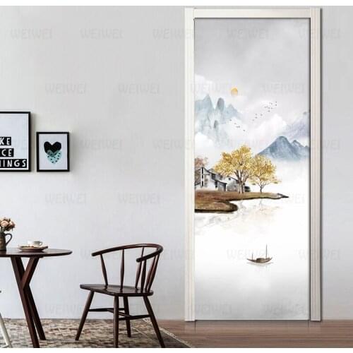 PVC Waterproof Self-adhesive 3D Door Sticker Chinese Landscape Scenery Retro Decal Parlor Bedroom Door Decor Wall Sticker Mural
