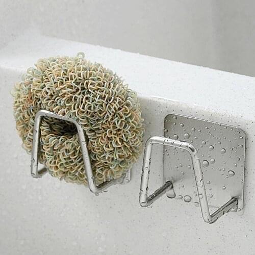 1pc Stainless Steel Washing Sponges Holder Hook Self Adhesive Sink Sponges Drain Drying Rack Kitchen Sink Accessories Organizer