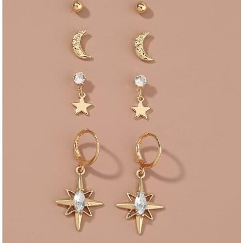 Copper Gold Color Star Metal Stud Zircon Pentagram Charms Earrings Set Fashion Brand Women Jewelry Earings