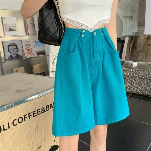 Capri Green Pink Denim Shorts Women High Waist Knee Length Rolled Up Cargo Bermuda Shorts Trendy Summer Female Relax Fit Shorts