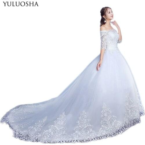 YULUOSHA White Wedding Dresses Appliques Cathedral Lace Up Boat Neck Liza Gown Elegant Royal Wedding Dress Vestido De Noiva