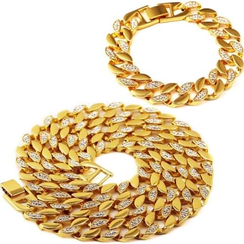 Hip Hop Bling Fully Iced Out Mens Electroplated Miami Cuban Link Chain Necklace Bracelet Simulated Gemstone Hipster Jewelry set