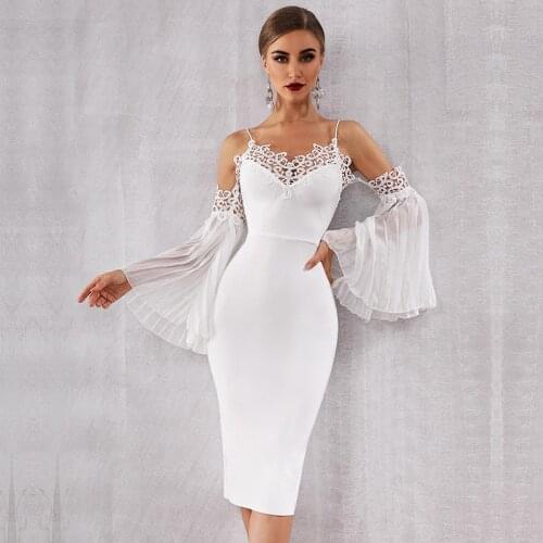 High Quality White Flare Sleeve Off The Shoulder Rayon Bandage Dress Elegant Club Party Dress