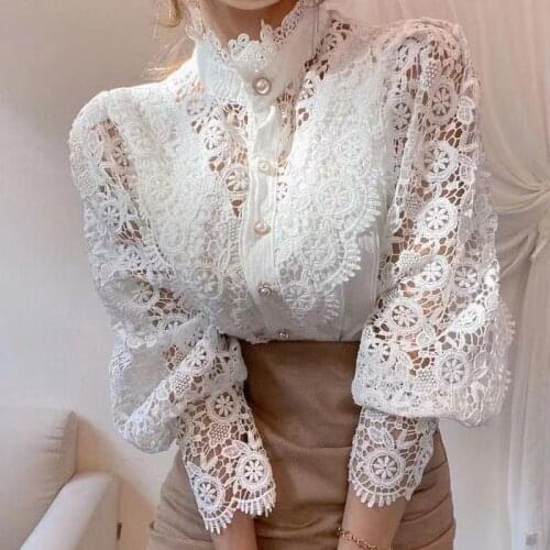Fashion Women Lace Shirt 2021 Spring Petal Sleeve Stand Collar Hollow Out Flower Chic White Blouse Ladies Elegant Tops All-match