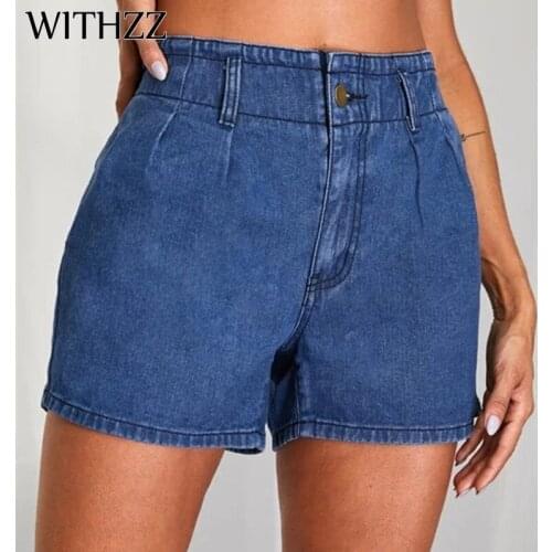 WITHZZ Spring Summer Womens Jeans Elastic Waist Straight Female Denim Shorts