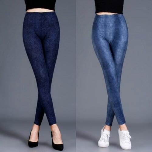Lady Sporting Thin High Waist Fitness Legging Women Summer Elastic Faux Denim jean Female Push Up Legging