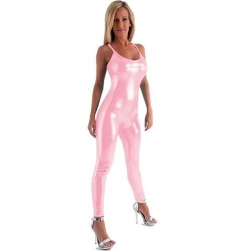 Women Sexy Spaghetti Strap Bodycon One Piece Romper Jumpsuit Summer Sleeveless Backless Solid Shiny Metallic Skinny Jumpsuits