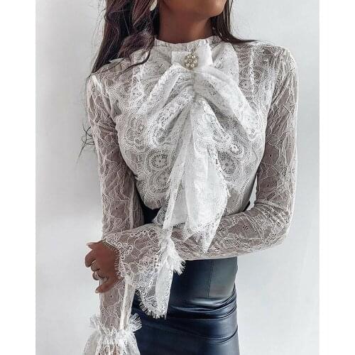 Sexy Elegant Womens Ladies Full Lace Front Big bow knot Long Flare Sleeve Pullover Tops Shirt OL Evening Party Soild Blouse