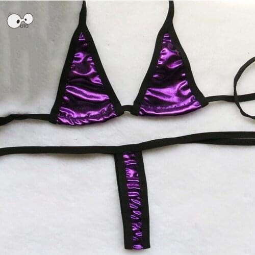 2020 Women Shiny Coating Swimsuit Halter Neck Backless Self-tie G-String Mini Micro Bikini Set Beach Thong Bathing Suit Swimwear