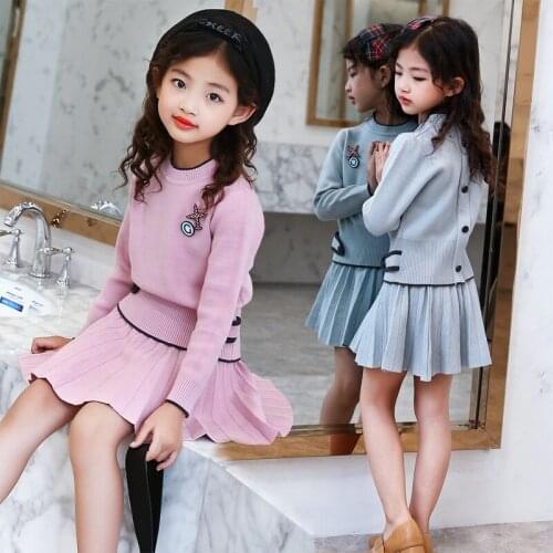 2019 new autumn full sleeve girl sweater + skirts 2pcs suits button knitted top and skirts cotton sets outfits 4-12year