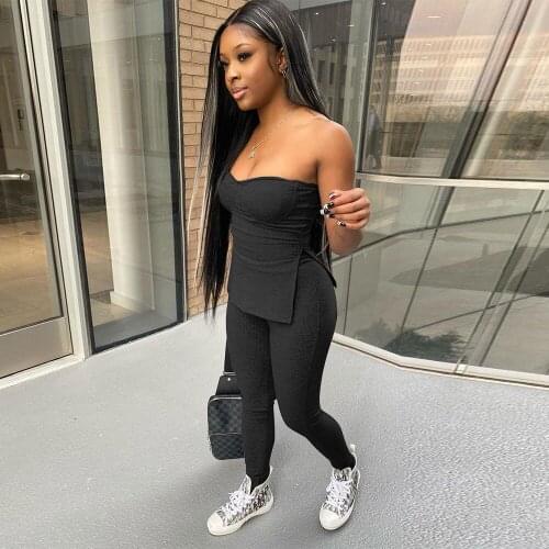 Biker Styles Ribbed Knitted Two Piece Set Women Side Split Strapless Sleeveless Tops+hip-lift Stretchy Legging Workout Outfits