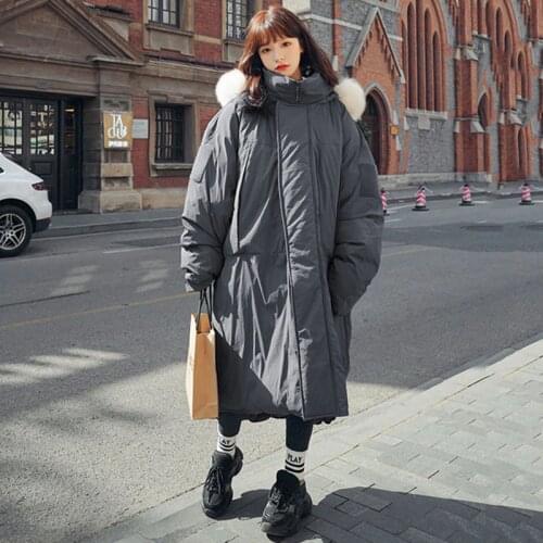 Womens Winter Down Coat Long Big Size Thick Solid Color Hooded Fur Collar Padded Lengthened Simple Fashion Loose Jacket Female