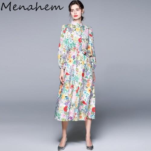 Menahem 2021 Summer Flower Boho Beach Dress Women Bohemian Long Sleeve Stand Elastic Waist Floral Printed Long Dress With Belt