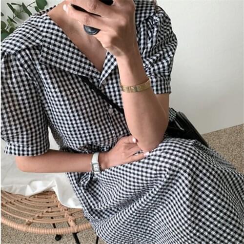 IHOBBY Women Plaid Maxi Dress Loose Large Academy Style Trun Down Collar Puff Sleeve Long Cotton Linen Summer Vestido