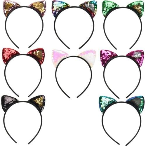 10pcs Fashion Sole Mermaid Changeable Glitter Sequin Cat Ears Hairbands Solid Animal Ears Hard Headbands Girls Hair Accessories