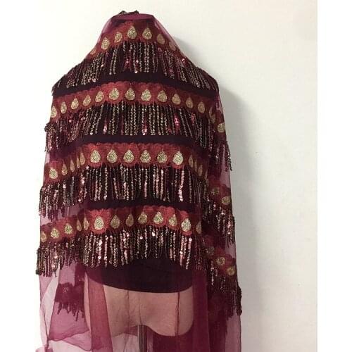 1Y/lot sequins lace fabric Red embroidery lace mesh fabric for night dress clothing decoration DIY material