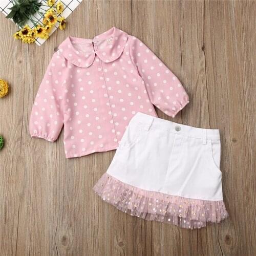 Toddler Baby Kids Girls clothes Polka Dot long sleeve turn-down collar pullover T-Shirts Button Tulle pocket Skirts 2pc Outfits