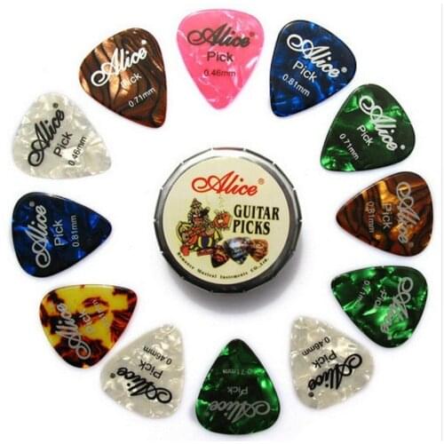 Alice 12/20/24 pcs colorful celluloid pick plectrum in one cute round metal box acoustic electric musical instrument guitar pick
