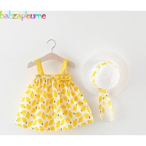 2Piece Set Kids Summer Outfits Baby Girls Clothes Cartoon Cute Lemon Sleeveless Cotton Princess Dress+Hat Toddler Dresses BC1204