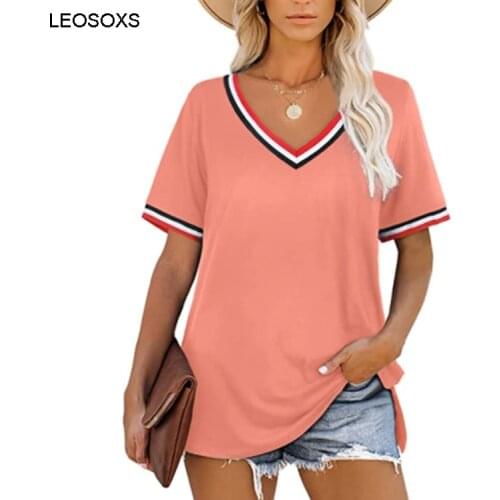 Summer Clothes For Women 2021 New Stripe Splicing Color Matching Short Sleeve V-neck T-shirt Casual All-match Tops