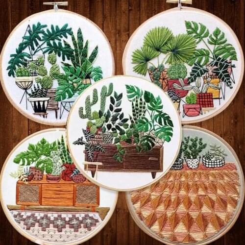 20 cm Creative Green Bonsai DIY Ribbon Embroidery Printing Kit Embroidery Sewing Crafts Home Decoration