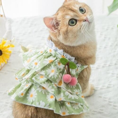 Summer Soft Dog Dress Cat Daisy Cherry Suspender Skirt Breathable Kitten Clothes Pet Sling Dress for Small Medium Large Dog Girl