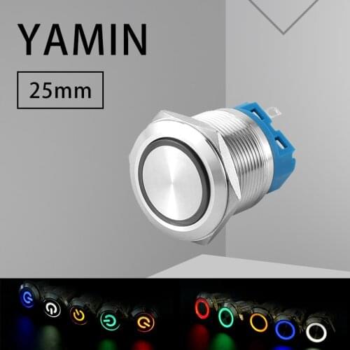 25mm Metal Push Button Switch DIY Reset Self Locking Ring Power Supply With Lamp Flat Circular Waterproof Stainless Steel