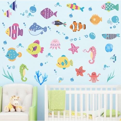 Cartoon Ocean Fish Wall Sticker for Bathroom Kids Room Wall Decor Removable PVC Tile Sticker Art Murals Home Decoraiton Decals