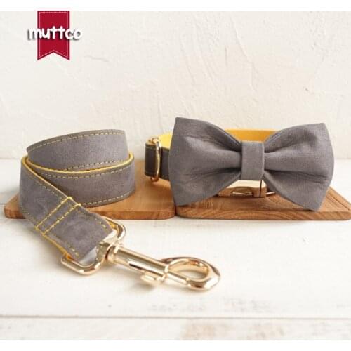 MUTTCO retailing self-design collar GRAY COVER YELLOW handmade poly satin and nylon collar and leash with bow tie UDC026J