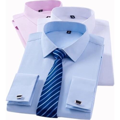 Mens Classic French Cuff Dress Shirts Long Sleeve No Pocket Tuxedo Male Shirt with Cufflinks