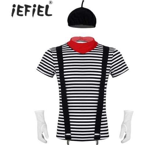 Male Men Adults French Mime Artist Circus Halloween Cosplay Costume Set Striped T-shirt with Beret Red Scarf Suspender Gloves