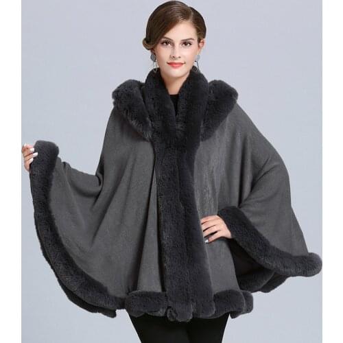 Big Luxury Rex Rabbit Fur Cape Coat Hooded Cloak Women Knit Cashmere Sweater EuropeStyle Faux Fur Overcoat Autumn Winter New