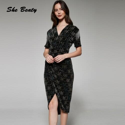 She Beaty Women Dress Sexy V-Neck Short Sleeve Elegant Tassel Letters Printed Midi Vintage Split Long Bodycon Dresses Robes Y2k