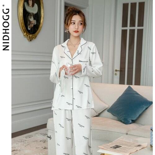 Autumn Long Sleeve Silk Pajamas for Women Turn-down Collar Sexy Nightwear Two Piece Set Loungewear Pijama Satin Letter Sleepwear