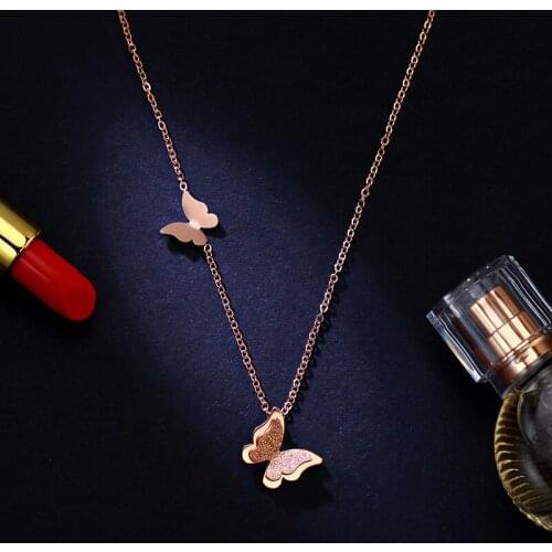 Double Butterfly Necklace Titanium steel Gold color girls Neck collarbone chain necklace