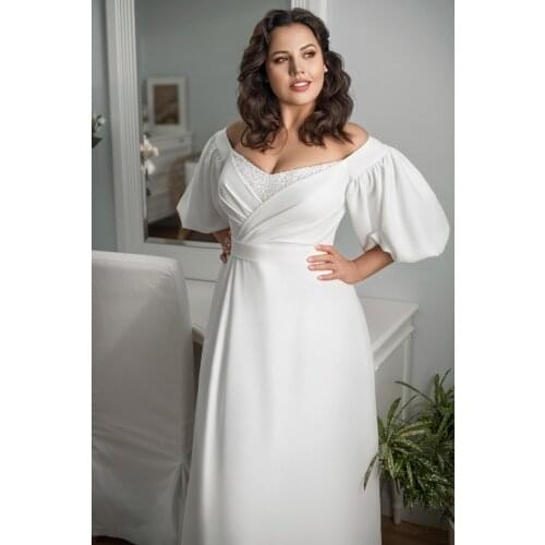 Plus Size Elegant Wedding Dresses Long Lantern Sleeves Jersey Bride Dress Vestidos de Novia A-line Bridal Gowns Sweep Train 2021