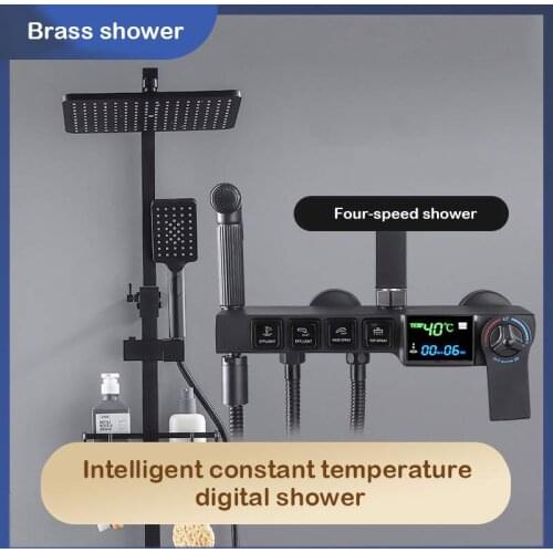 Bathroom full copper black digital display thermostatic shower set household four-speed shower booster nozzle AE02XC-0008