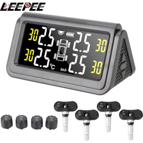 LEEPEE Solar TMPS USB Digital LCD Display Wireless 4 Tire Pressure Sensor Tire Pressure Monitoring System Auto Security Alarm