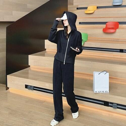 2 Piece Sports Suit for Women Zipper Hooded Short Hoodie and Wide Leg Pants Female Streetwear Hip Hop Slim Black Gray Sets Q603