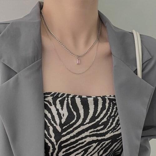 U-Magical Titanium Steel Double-Layer Pink Rhinestone Pendant Necklace for Women Geometric Chunky Chain Metal Necklace Jewelry