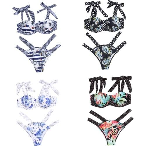 Women Camisole Bikini with High Waist Swimming Shorts, Flowers Polka Dot Printing Summer Clothing