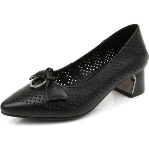 2020 Spring Summer New Pointed Hollow Breathable Cool Women Shoes Rhinestone Bow Fashion High Heel Shoes Genuine Leather Shoes